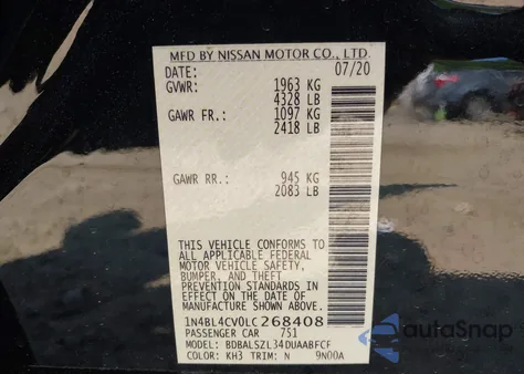 2020 Nissan Altima Sr Fwd from USA, damaged, VIN 1N4BL4CV0LC268408